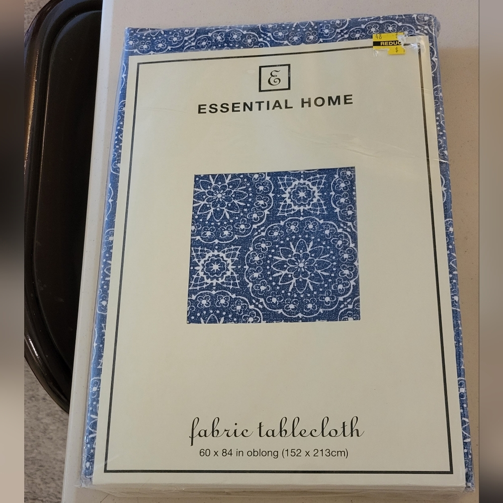 Essential Home blue fabric tablecloth.